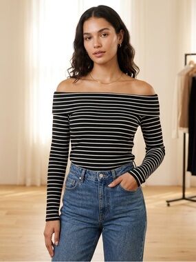 Forever 21 Black & White Striped Off-Shoulder Long Sleeve Top
